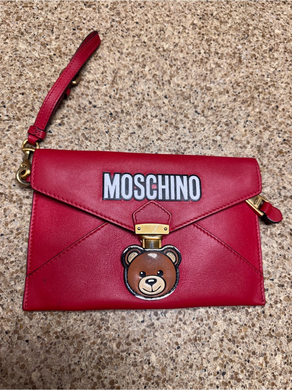 Moschino Red Leather Teddy Bear Wristlet Clutch